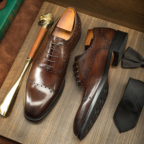Luxury Leather Dress Shoes – Elegant Brogue Detailing in Black & Brown: Cowhide British Style Brock Oxford Shoes Men