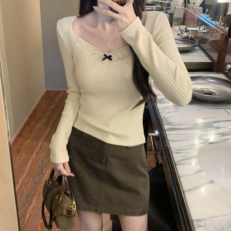 Lace Trimmed Long Sleeved Top