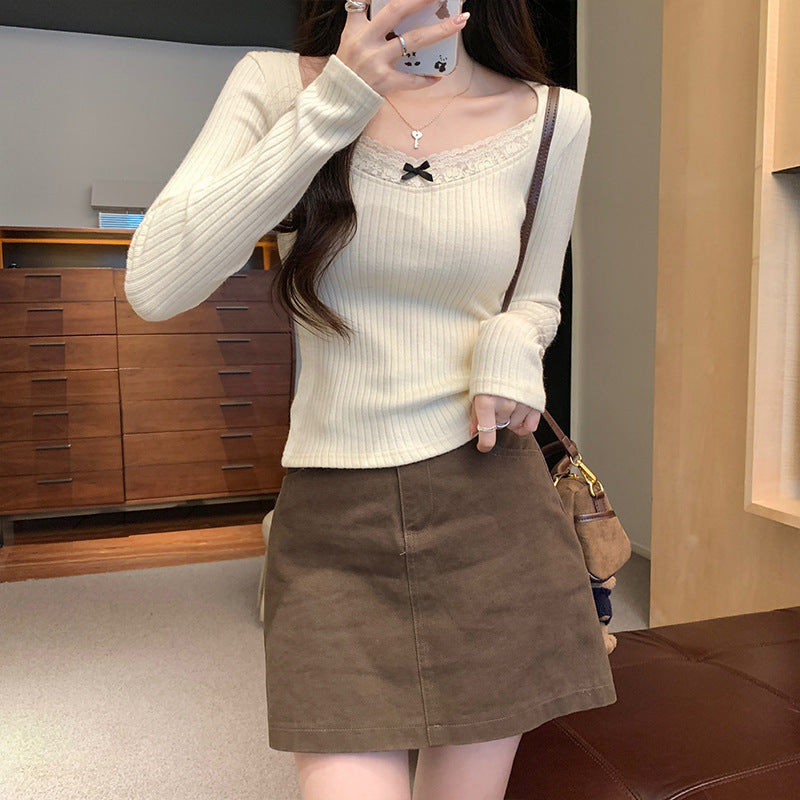 Lace Trimmed Long Sleeved Top