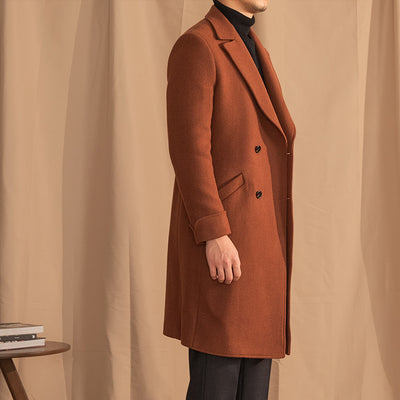 Elegant Men's Caramel Double-Breasted Wool Overcoat