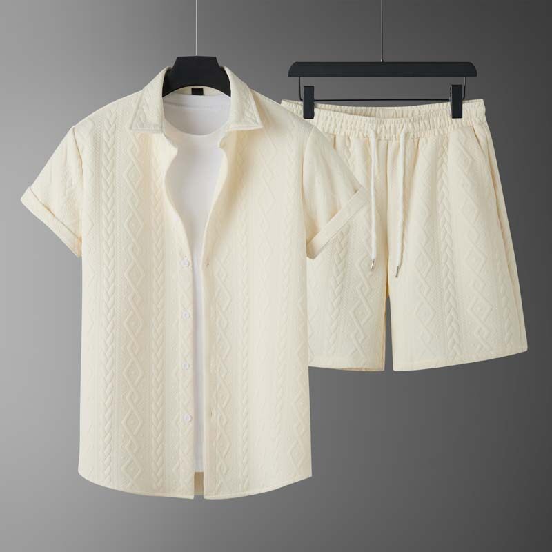 Men's Elegant Textured Short Sleeve Shirt & Matching Shorts Set – Classic, Stylish, Comfortable