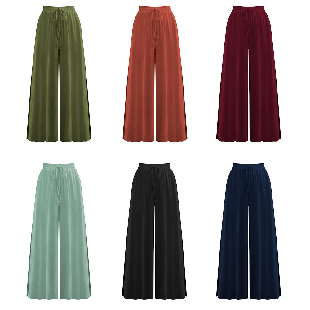 Loose Drawstring Side Slit Wide Leg Pants
