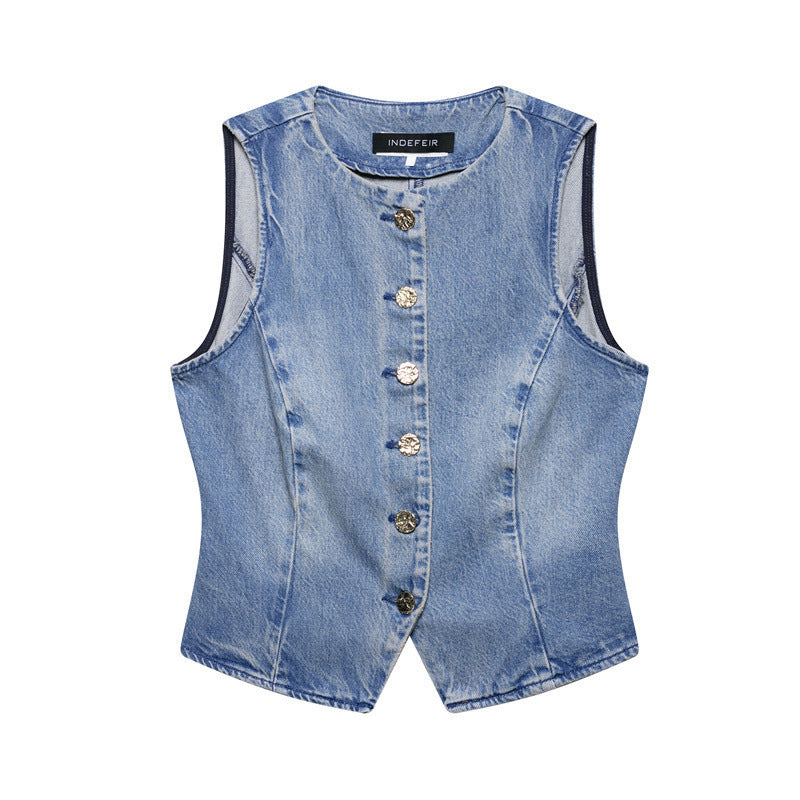 Denim Vest High Waist Pleated Wide Leg Jeans