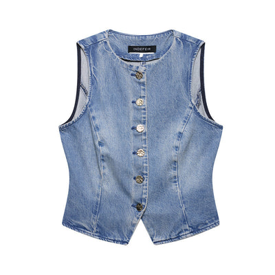 Denim Vest High Waist Pleated Wide Leg Jeans