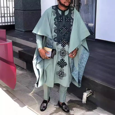 Traditional Nigerian Men's Agbada Attire with Gold Embroidery – Elegant African Wear for Special Occasions