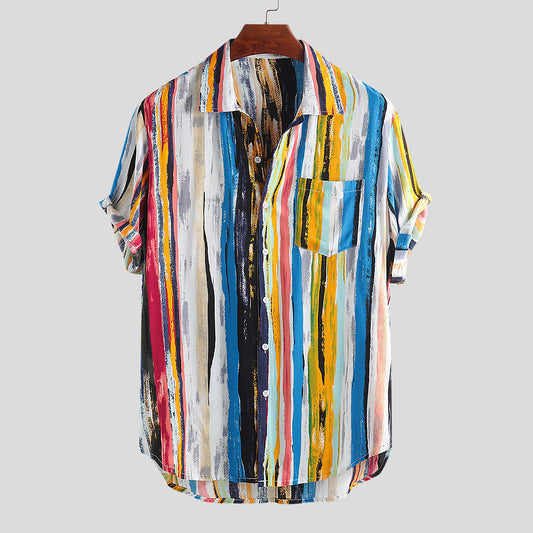 Men's Colorful Striped Short-Sleeve Casual Shirt – Vibrant, Trendy & Comfortable