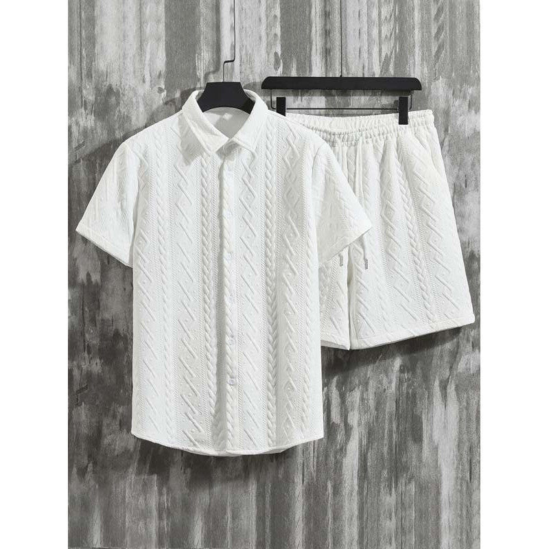 Men's Elegant Textured Short Sleeve Shirt & Matching Shorts Set – Classic, Stylish, Comfortable