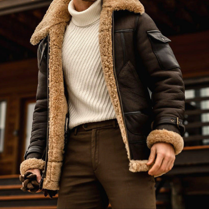 Men's Faux Leather Aviator Jacket with Shearling Lining