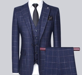 Men's Three-Piece Slim-Fit Plaid Suit for Business, Casual, Formal Events, Weddings, and Best Man Attire