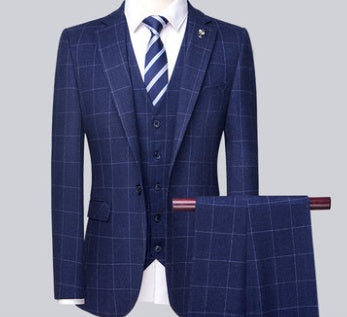 Men's Three-Piece Slim-Fit Plaid Suit for Business, Casual, Formal Events, Weddings, and Best Man Attire