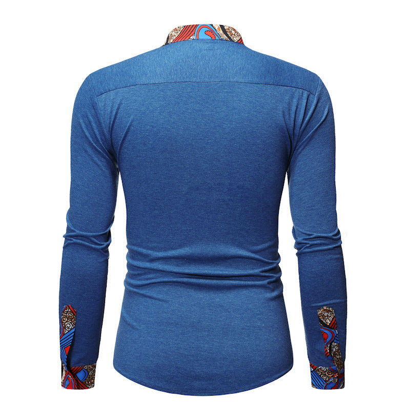Men's Stylish Long-Sleeve Shirt with African Print Accents