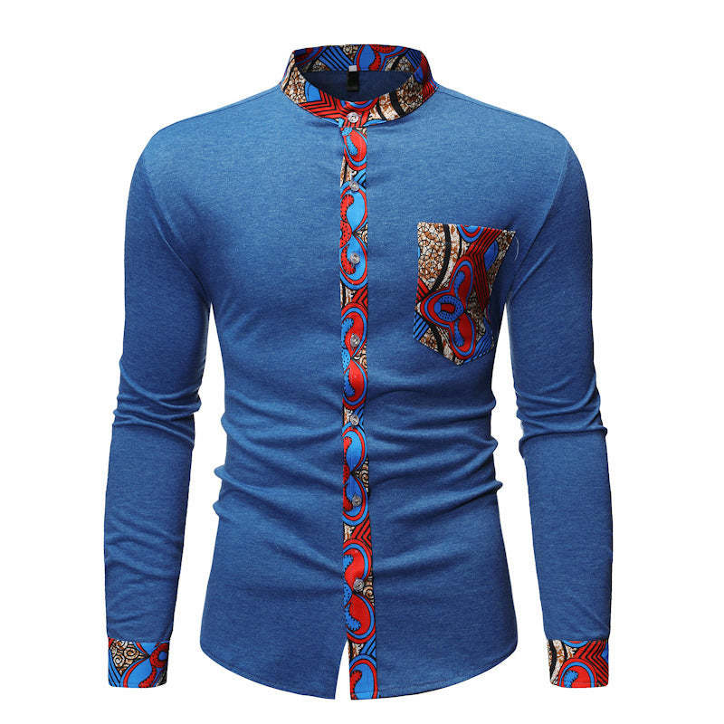 Men's Stylish Long-Sleeve Shirt with African Print Accents