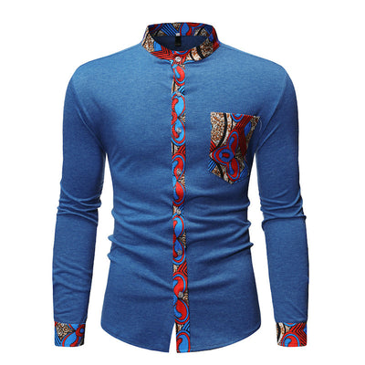 Men's Stylish Long-Sleeve Shirt with African Print Accents