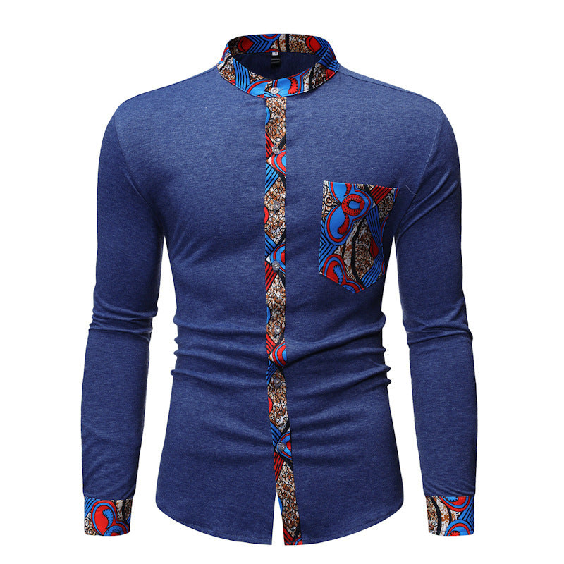 Men's Stylish Long-Sleeve Shirt with African Print Accents