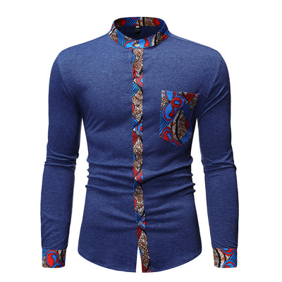 Men's Stylish Long-Sleeve Shirt with African Print Accents
