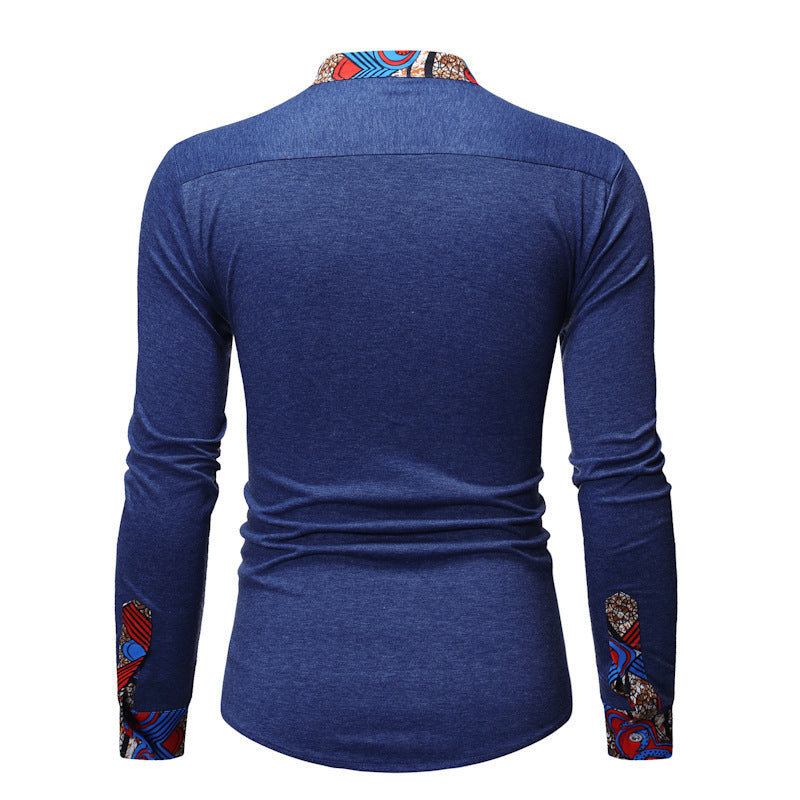 Men's Stylish Long-Sleeve Shirt with African Print Accents