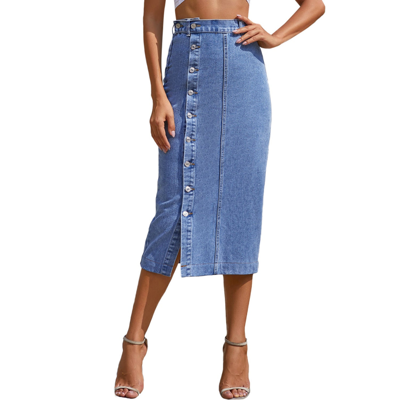 Button Down High Waist Denim Skirt