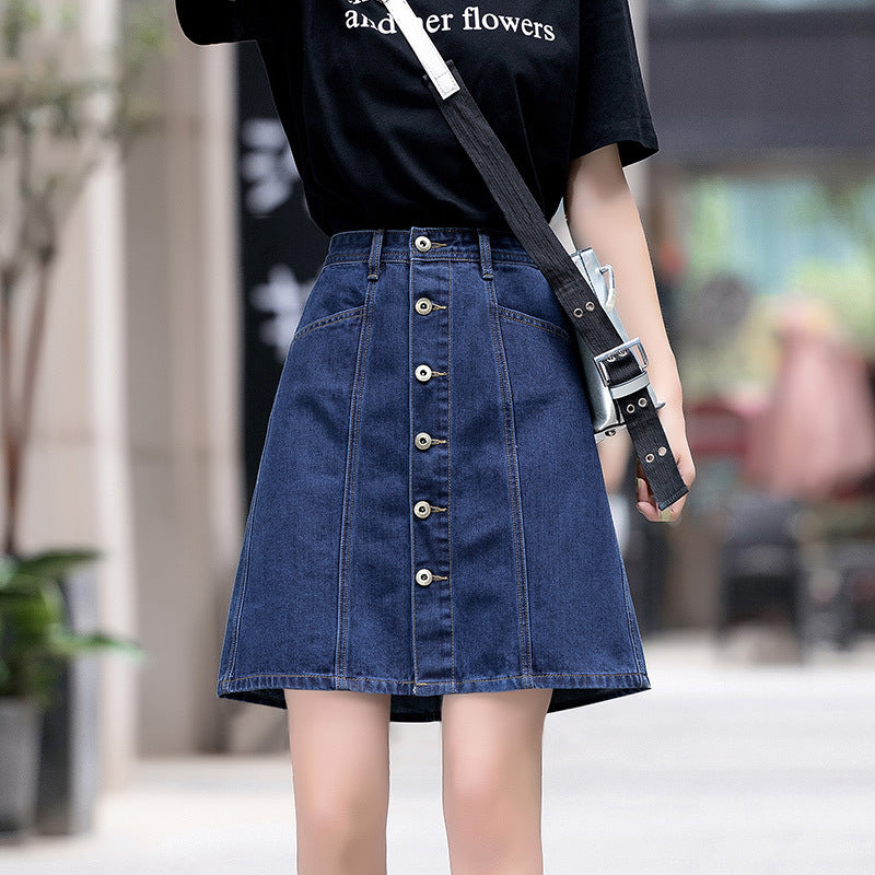 Button Down A-line Denim Skirt