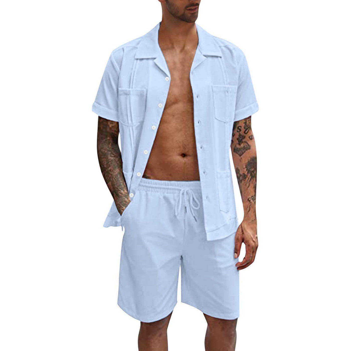 Men’s Short Sleeve Casual Button-Down Shirt & Drawstring Shorts Set – Stylish, Comfortable Summer Outfit