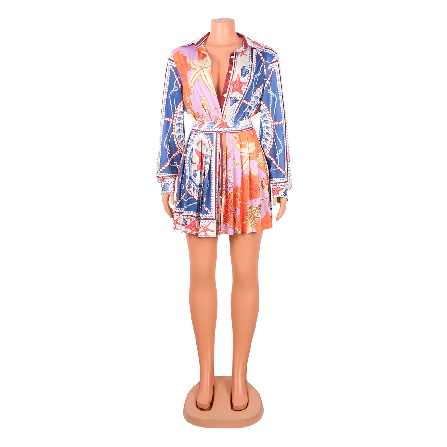 Print Pleated Skirt & Long Sleeve Shirt Set