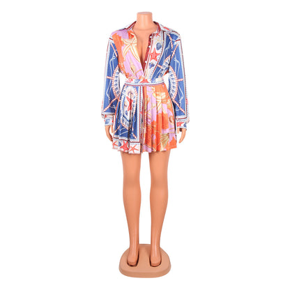 Print Pleated Skirt & Long Sleeve Shirt Set