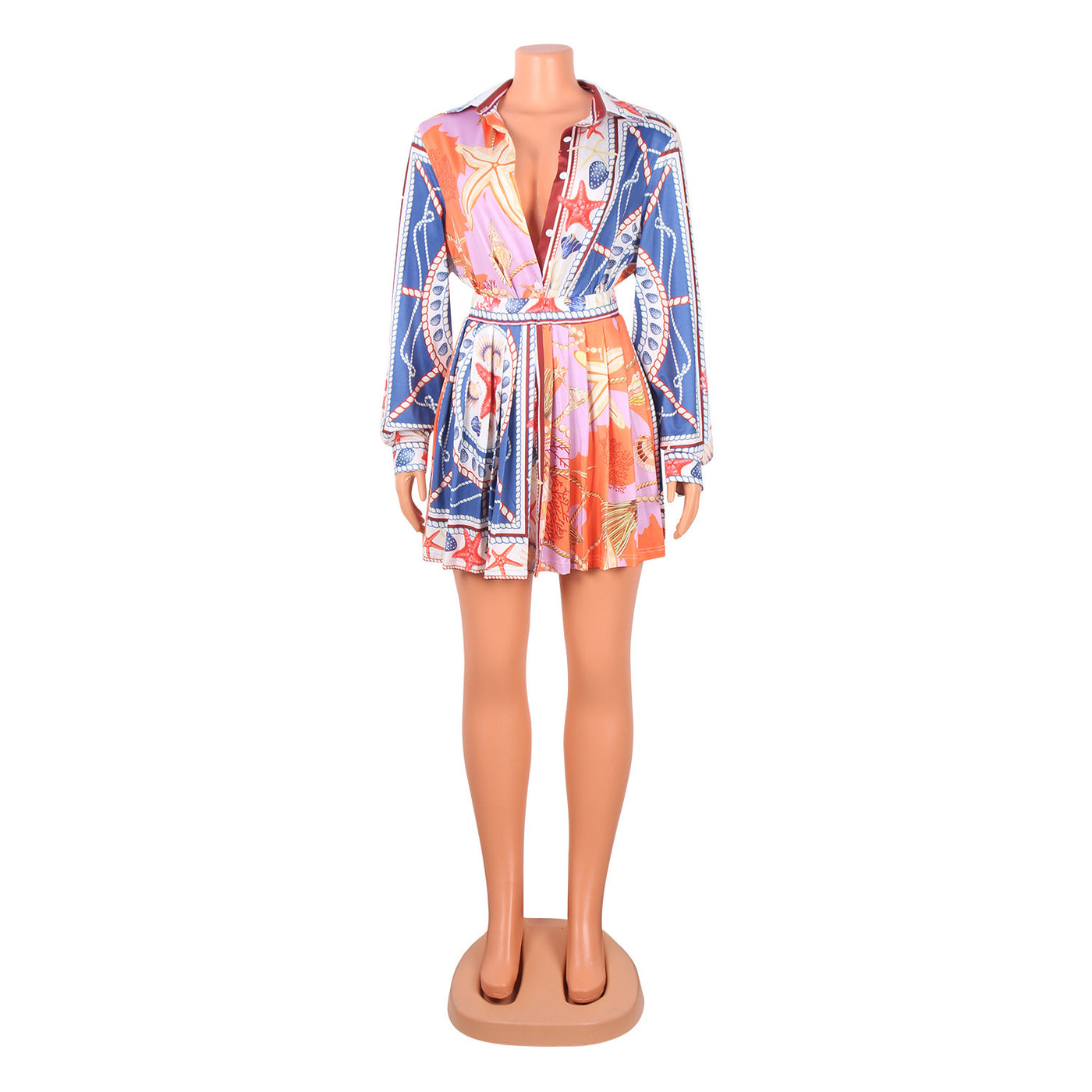 Print Pleated Skirt & Long Sleeve Shirt Set