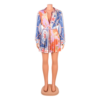 Print Pleated Skirt & Long Sleeve Shirt Set