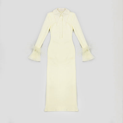 Long Sleeve Elastic Standing Neck Feather Cuff Bandage Dress
