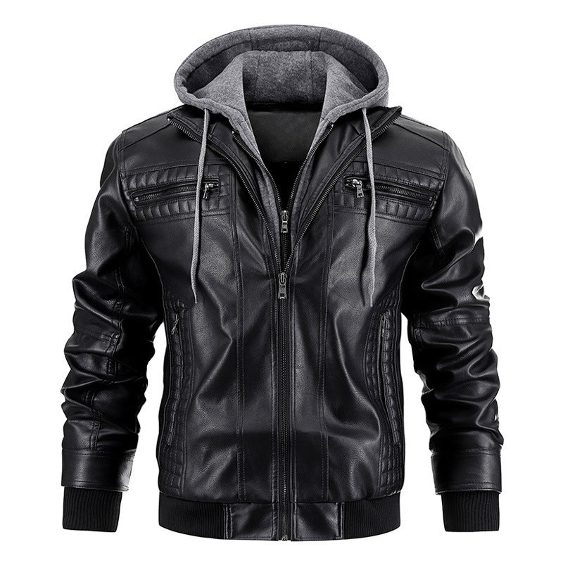 Hooded Jacket With Zipper Pockets Fashion Warm Leather Coat Mens Clothing