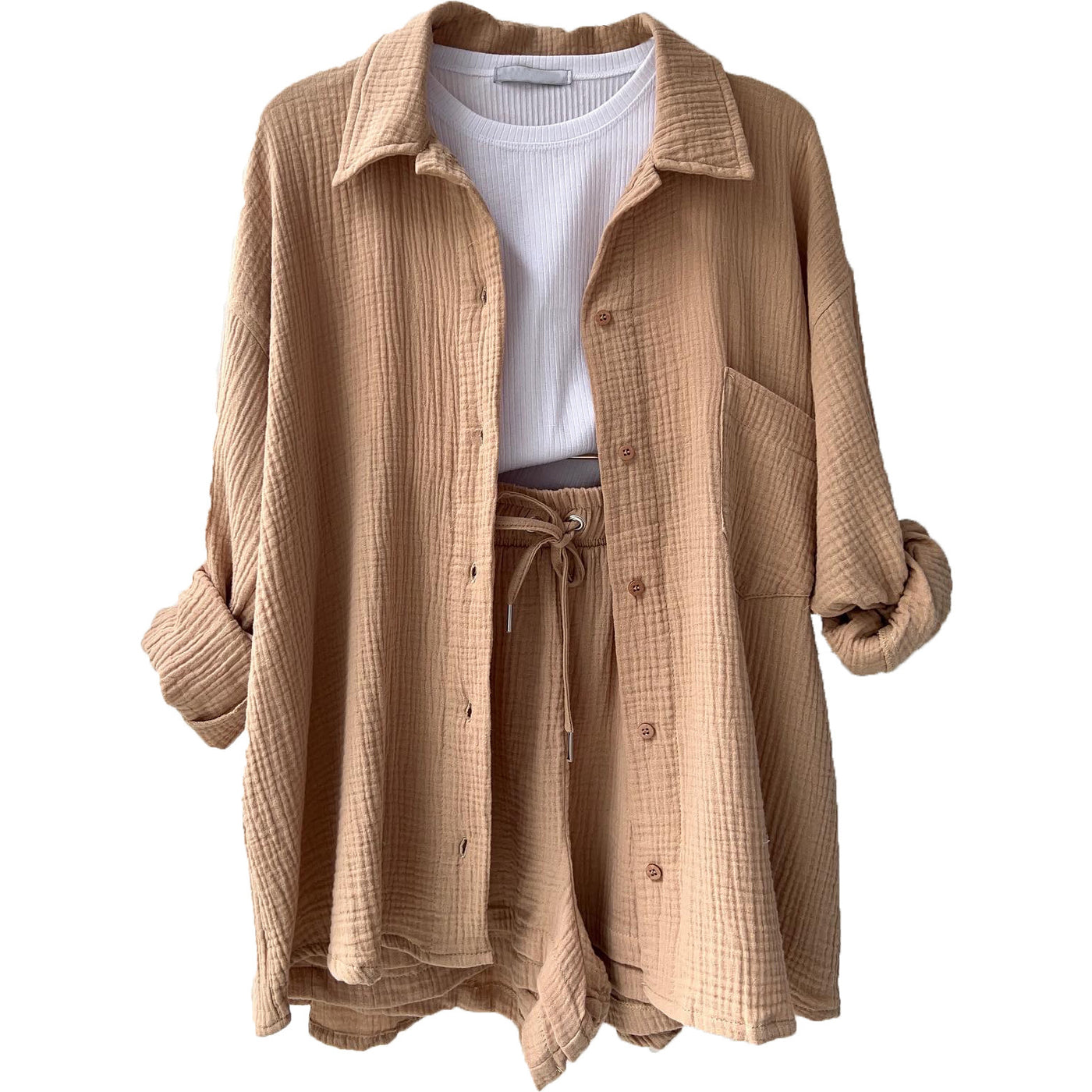Wrinkled Fabric Casual Shorts Set