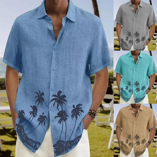 Men’s Casual Short Sleeve Linen Shirt with Palm Tree Print – Stylish, Breathable & Perfect for Summer