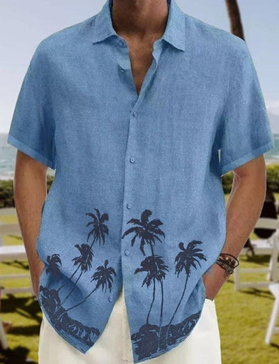 Men’s Casual Short Sleeve Linen Shirt with Palm Tree Print – Stylish, Breathable & Perfect for Summer