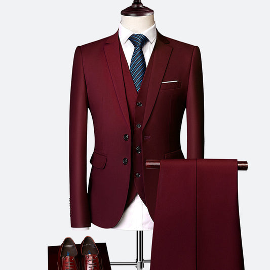 Men's British Slim-Fit Three-Piece Suit - Elegant Formal Attire for Weddings & Occasions
