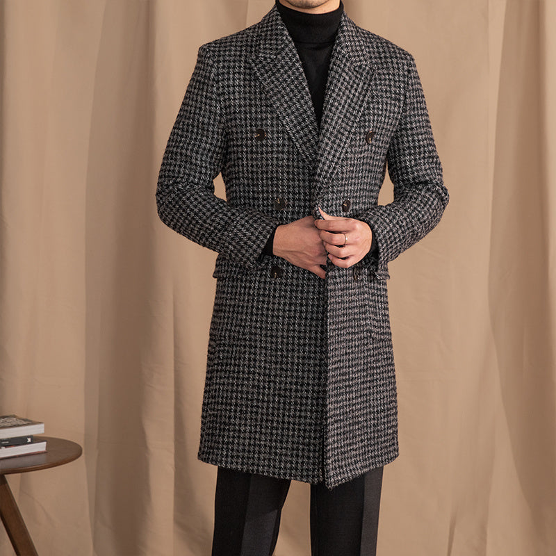Sophisticated Houndstooth Pattern Long Coat – Timeless Elegance for Men