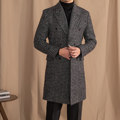 Sophisticated Houndstooth Pattern Long Coat – Timeless Elegance for Men