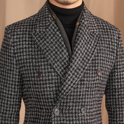 Sophisticated Houndstooth Pattern Long Coat – Timeless Elegance for Men