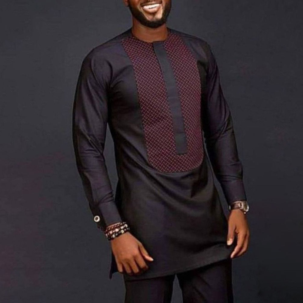 Men's Stylish Long-Sleeve Shirt with African Print Details