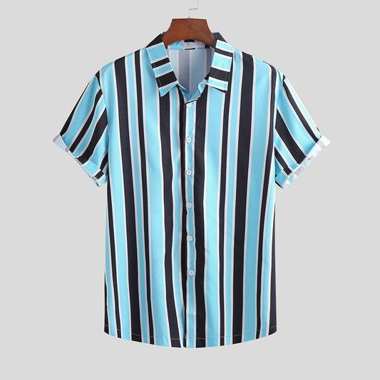 Men's Vertical Striped Short-Sleeve Button-Down Shirt – Stylish & Breathable
