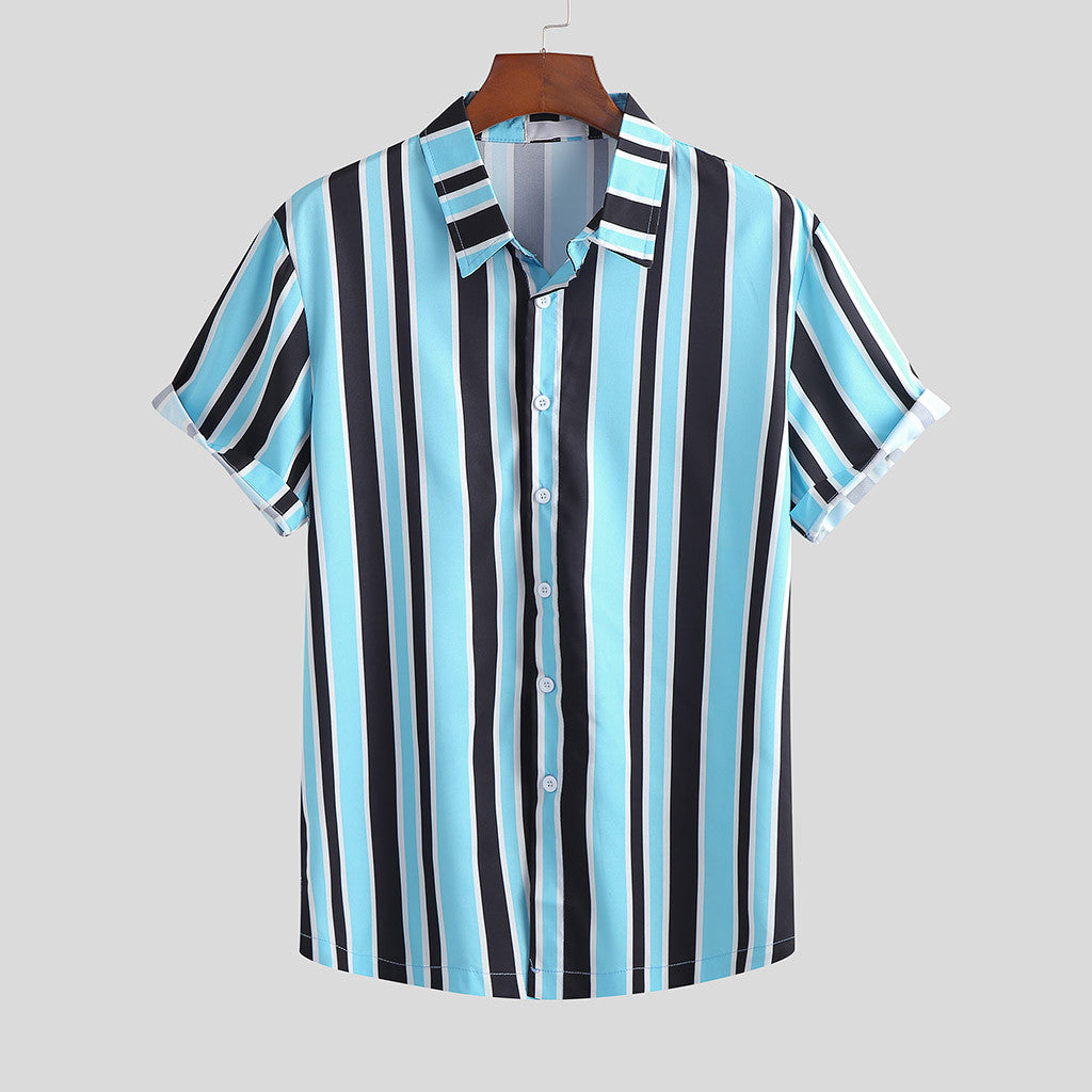 Men's Vertical Striped Short-Sleeve Button-Down Shirt – Stylish & Breathable