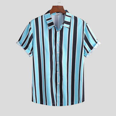 Men's Vertical Striped Short-Sleeve Button-Down Shirt – Stylish & Breathable