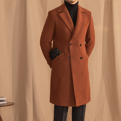Elegant Men's Caramel Double-Breasted Wool Overcoat