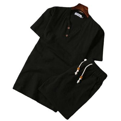 Elegant Linen Men's Pajama Set with Button-Down Top and Drawstring Pants