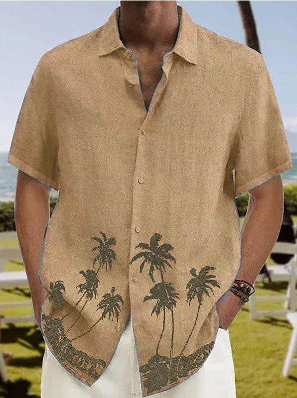 Men’s Casual Short Sleeve Linen Shirt with Palm Tree Print – Stylish, Breathable & Perfect for Summer