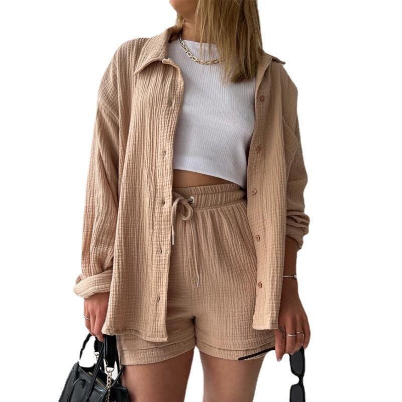 Wrinkled Fabric Casual Shorts Set