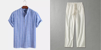 Men's Vertical Striped Linen Short Sleeve Shirt – Breathable, Stylish & Perfect for Summer