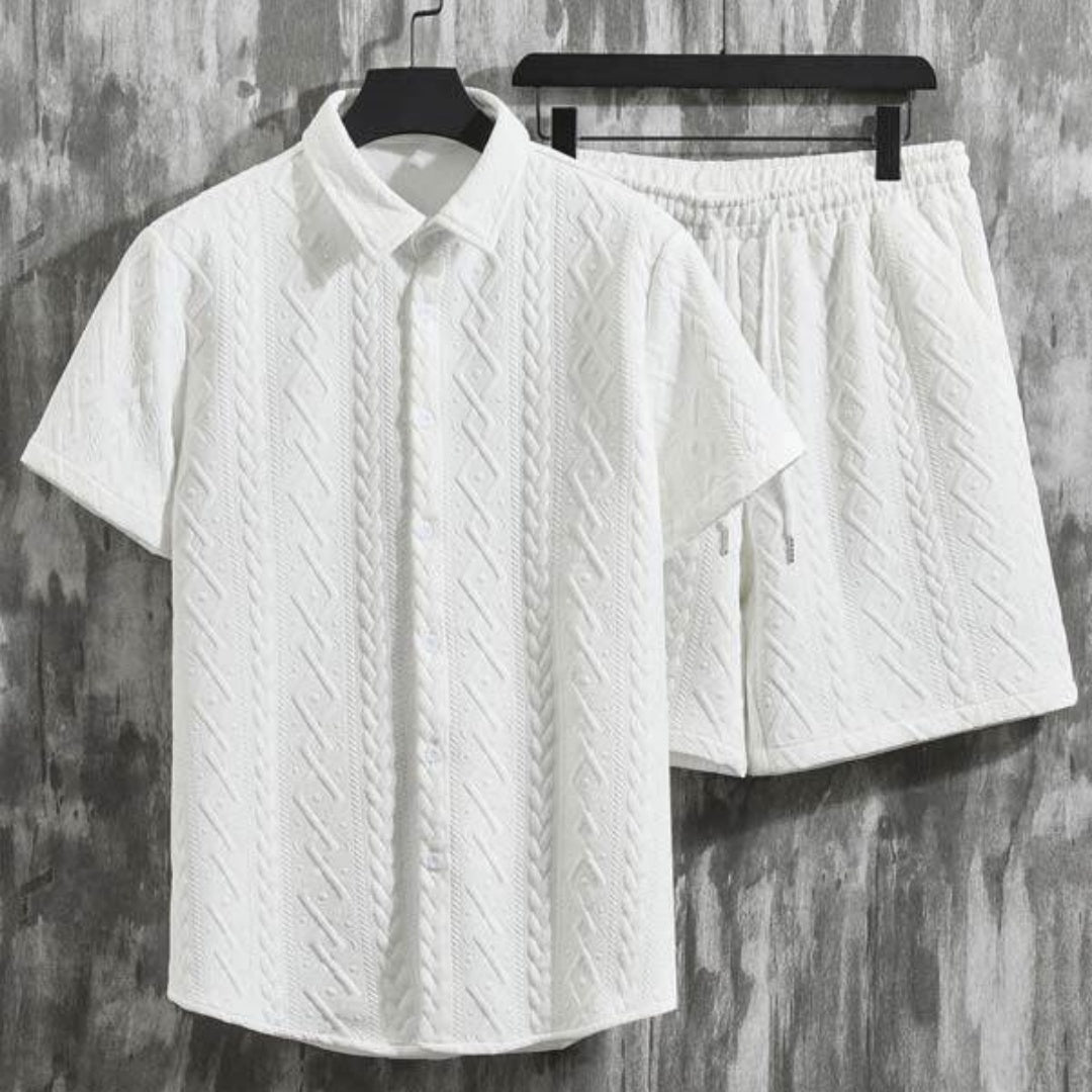 Men's Elegant Textured Short Sleeve Shirt & Matching Shorts Set – Classic, Stylish, Comfortable