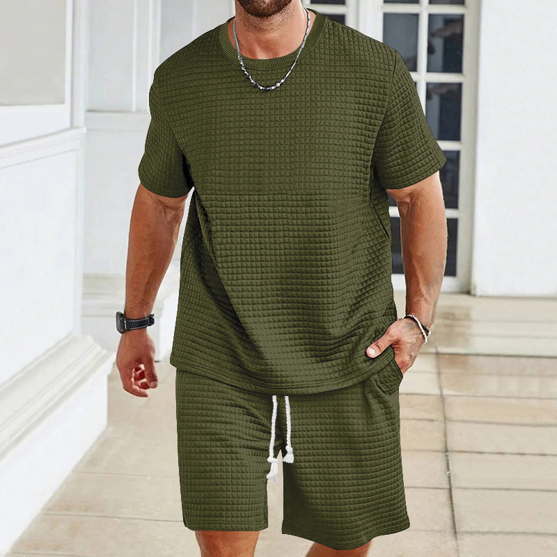 Men's Casual Textured Short Sleeve T-Shirt & Shorts Set – Comfortable Summer Loungewear