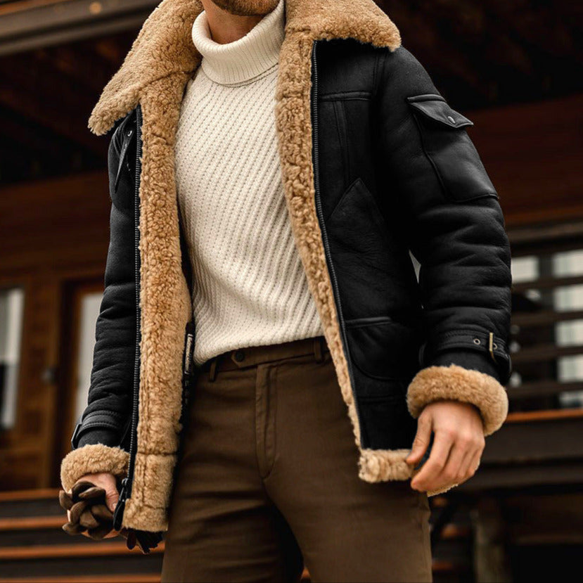 Men's Faux Leather Aviator Jacket with Shearling Lining