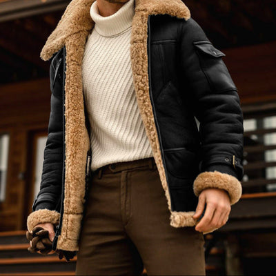 Men's Faux Leather Aviator Jacket with Shearling Lining