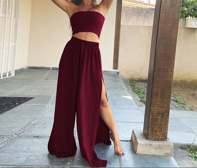 Loose Drawstring Side Slit Wide Leg Pants